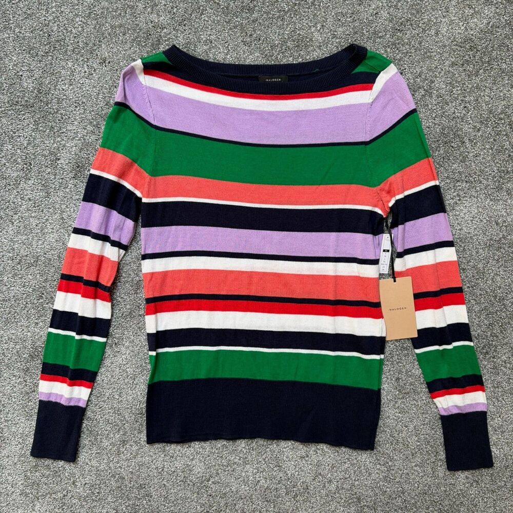 HALOGEN Even Striped Sweater Top Size XS Fitted Crew Neck Green Navy Multi NWT